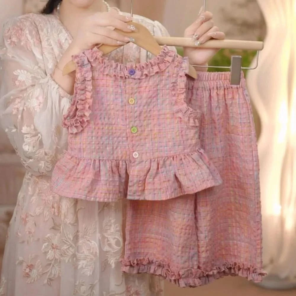 Bear Leader Children's Clothing Girls' Pink Clothing Summer Lace Contrasting Plaid Tank Top+Wide Leg Pants Two-piece Sets - M & M Global
