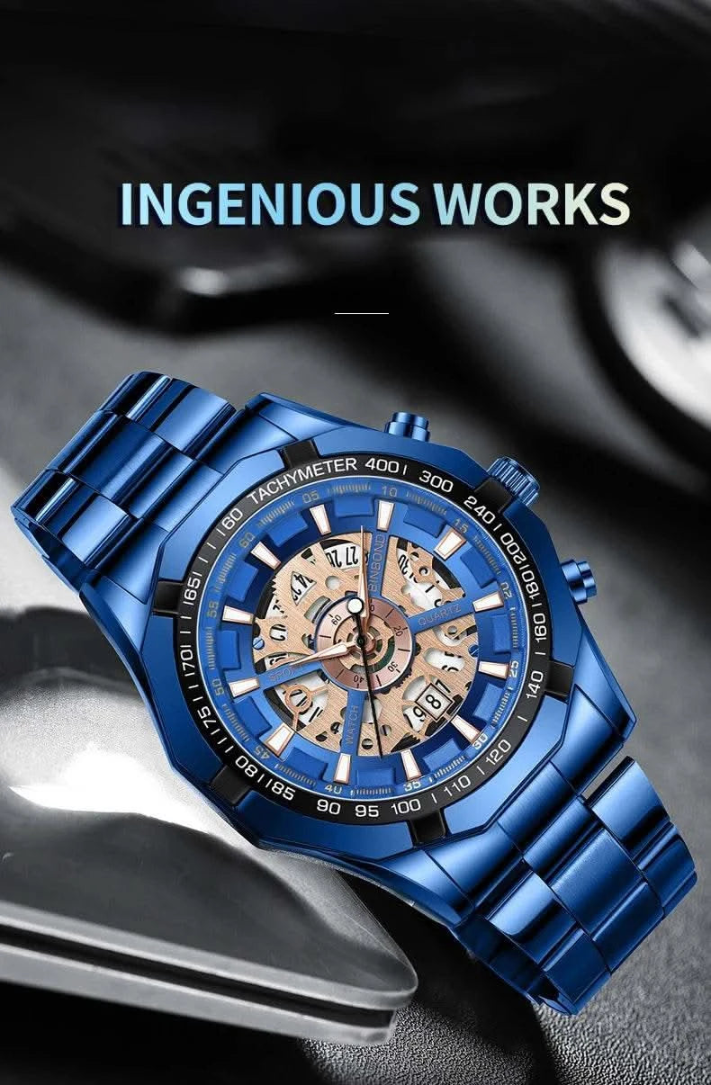 BINBOND Mens Quartz Watches Top Brand Luxury Stainless Steel Waterproof Hollow Out Blue Big Male Wristwatches Relogio Masculino - M & M Global