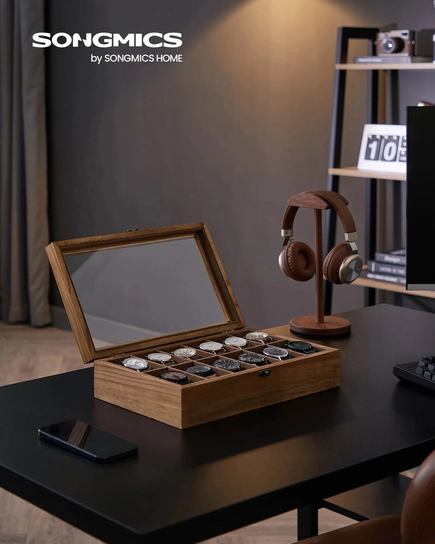 SONGMICS Watch Box, 12-Slot Watch Case, Solid Wood Watch Box Organizer with Glass Lid, Watch Display Case with Removable Pillows - M & M Global