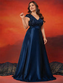 Plus Size Elegant V-Neck Red Sequins Evening Dress Long Luxury Women Satin Sleevesless Party Prom Cocktail Gowns