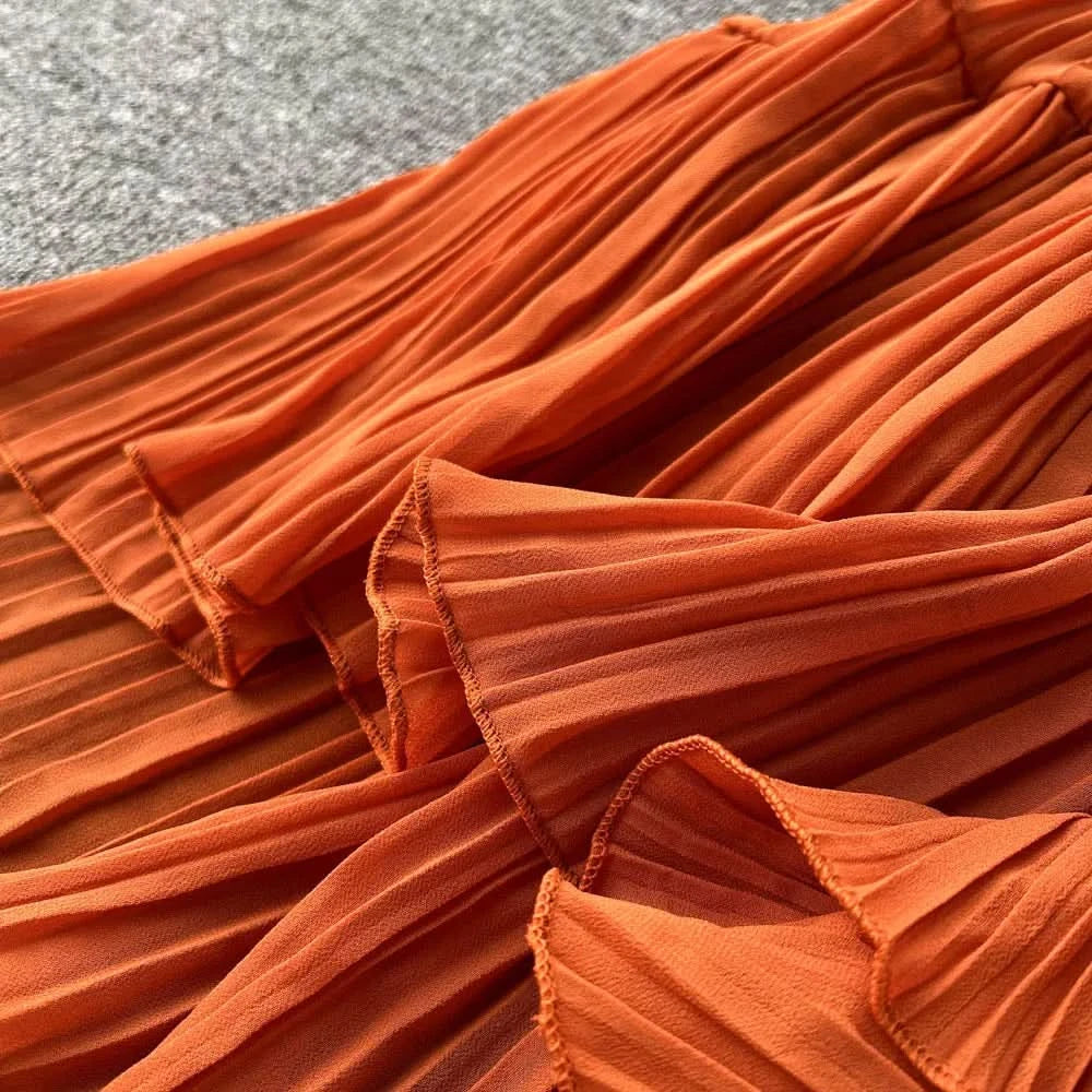 Purple/Brown/Red Chiffon Pleated Long Dress Women Vintage V-Neck Flare Sleeve Draped Ruffle Vestido Female Maxi Robe Spring Fall - M & M Global