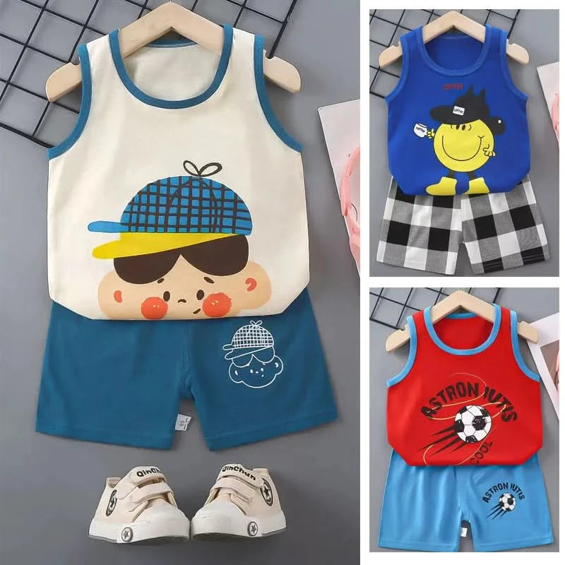 1 Set Summer Cotton Children Sets Kids Clothes Boys Girls Vest Suit Children's Clothing Baby T-Shirts Shorts Tank Top Sleeveless - M & M Global