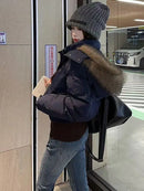 American New Winter Unisex Oversized Fur Trim Hooded Padded Coat Navy Blue Preppy Emblem Warm Casual Fashion Jacket