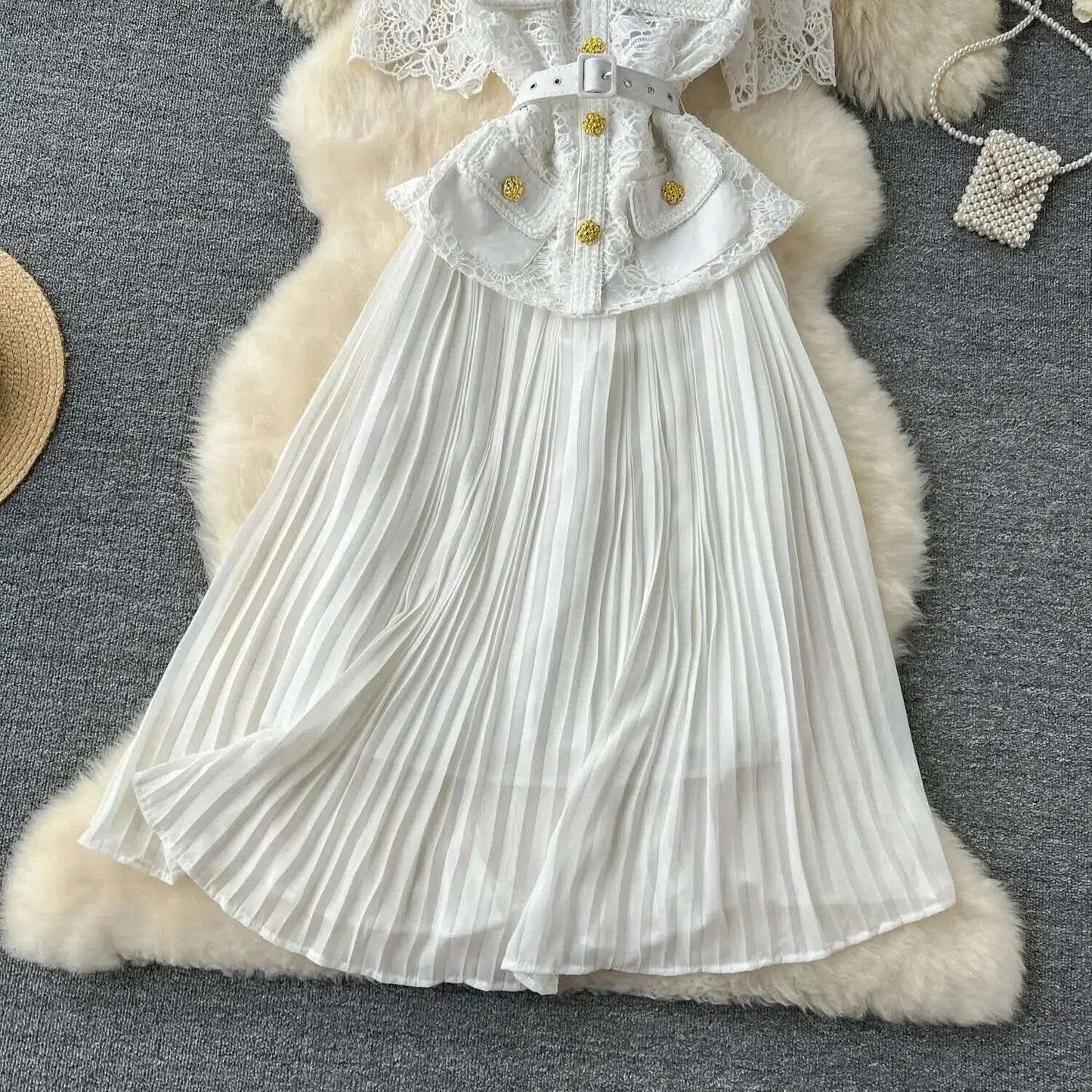 Designer 2025 Summer Pleated Chiffon Lace Long Dress Women Flower Embroidery Gold Button Belt Evening Party Dresses Wedding Robe - M & M Global