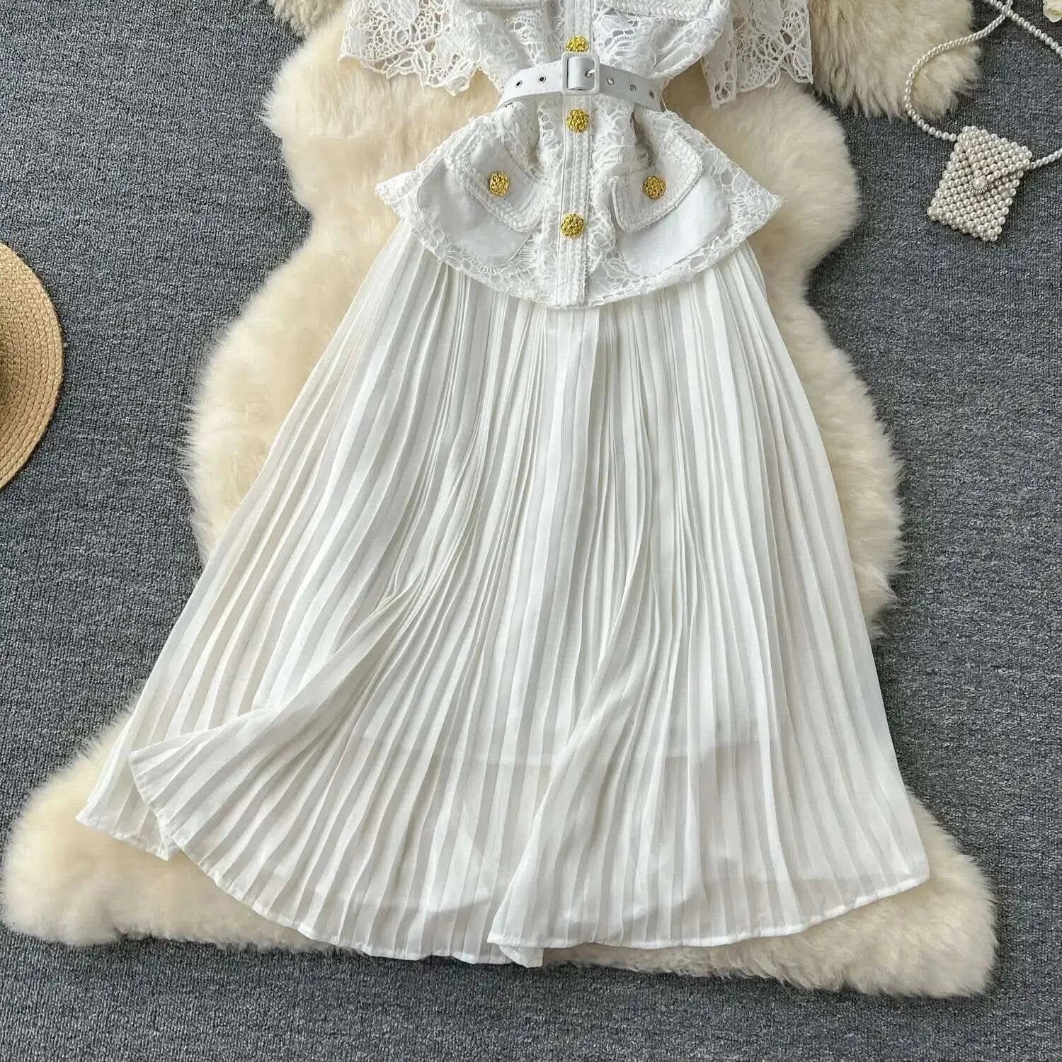Designer 2025 Summer Pleated Chiffon Lace Long Dress Women Flower Embroidery Gold Button Belt Evening Party Dresses Wedding Robe - M & M Global