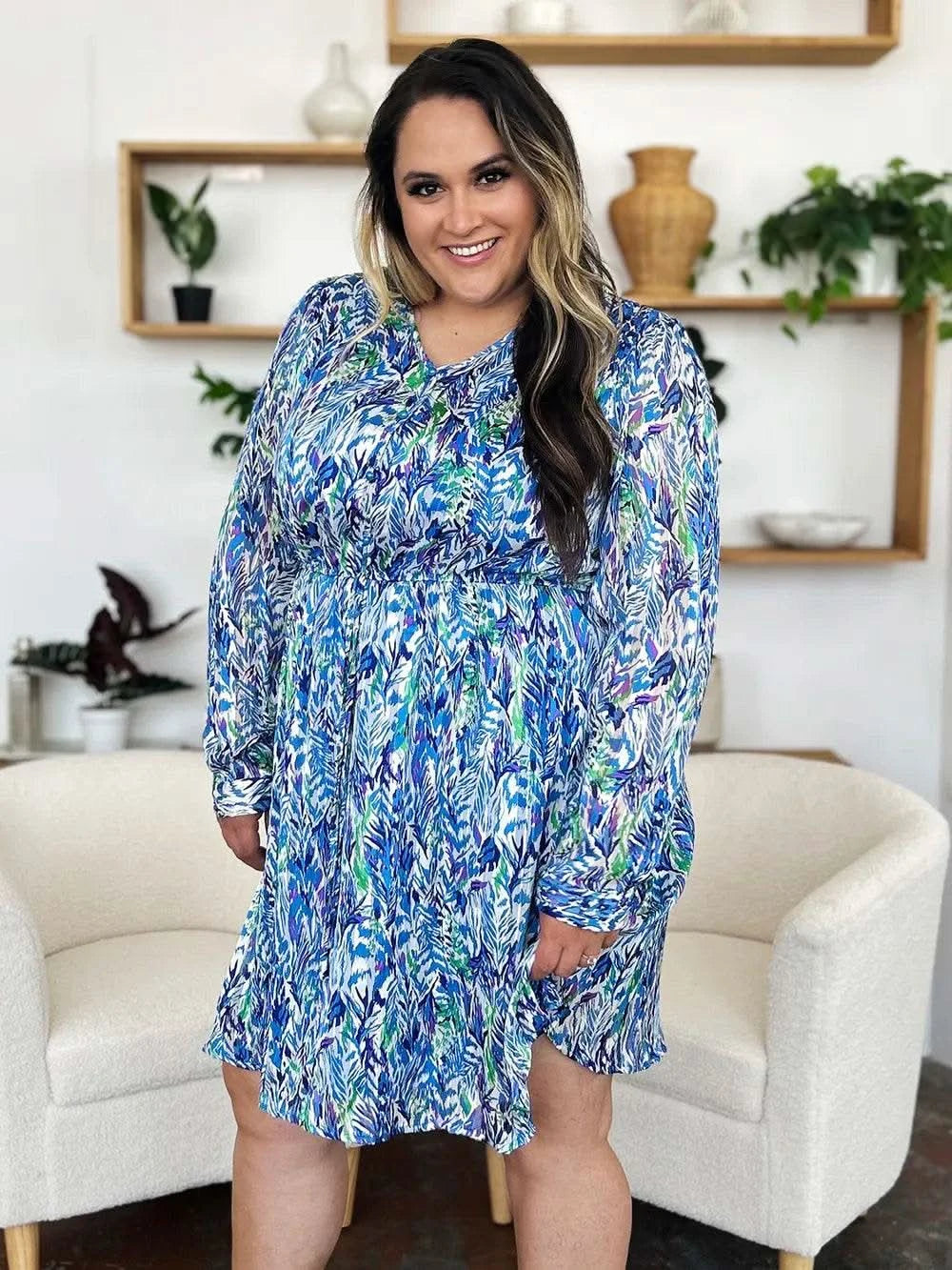 Double Take Full Size Printed Drawstring Waist Long Sleeve Dress - M & M Global