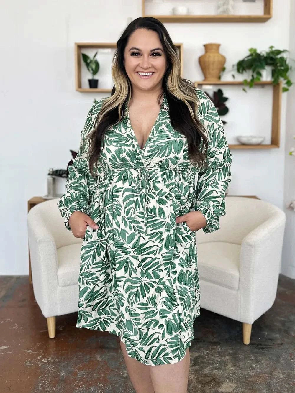 Double Take Full Size Printed Ruched Balloon Sleeve Dress - M & M Global