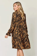Double Take Full Size Printed Ruffle Hem Long Sleeve Dress - M & M Global
