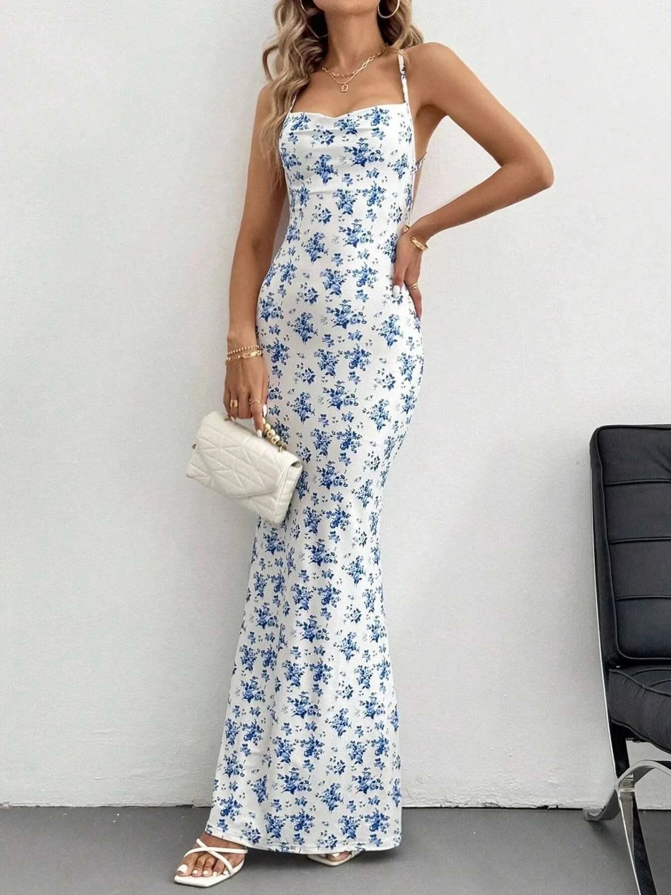 Crisscross Back Floral Print Bodycon Maxi Dress - M & M Global