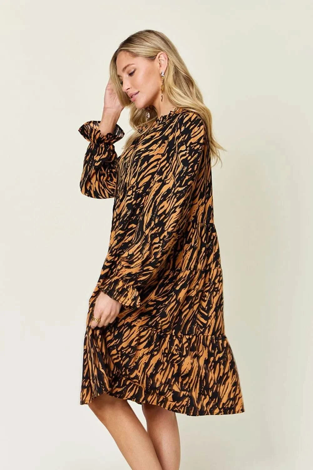 Double Take Full Size Printed Ruffle Hem Long Sleeve Dress - M & M Global