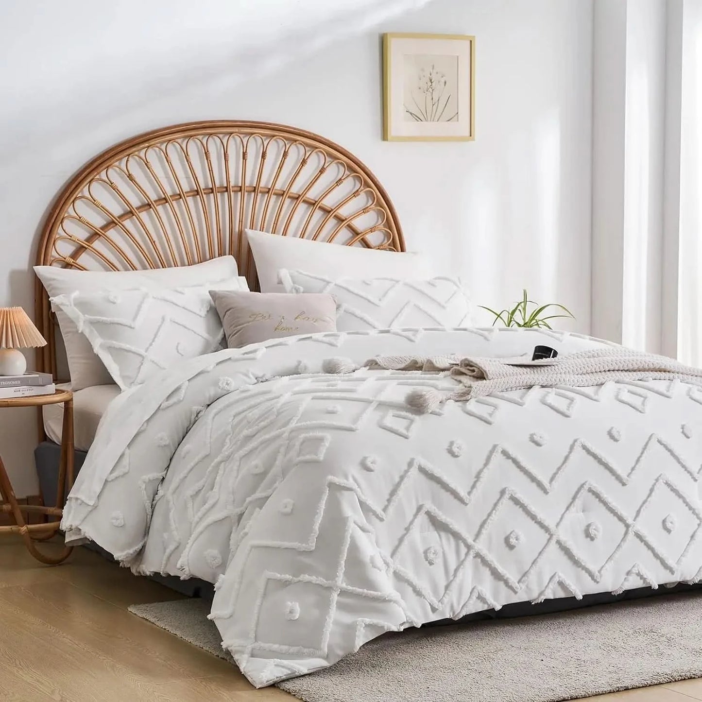 Bedroom with a bed featuring a geometric patterned comforter, wooden headboard, and side table.
pinch pleat bedding set

microfiber comforter set

queen comforter set

luxury bedding

soft bedding

machine washable bedding

lightweight comforter

hotel-style bedding

gift bedding set

all-season bedding