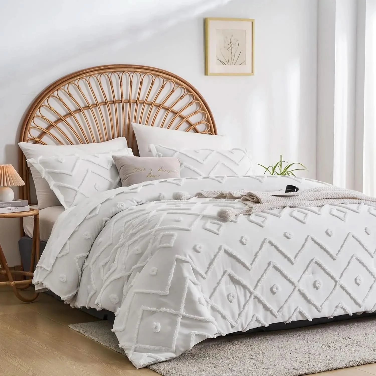 Bedroom with a bed featuring a geometric patterned comforter, wooden headboard, and side table.
pinch pleat bedding set

microfiber comforter set

queen comforter set

luxury bedding

soft bedding

machine washable bedding

lightweight comforter

hotel-style bedding

gift bedding set

all-season bedding