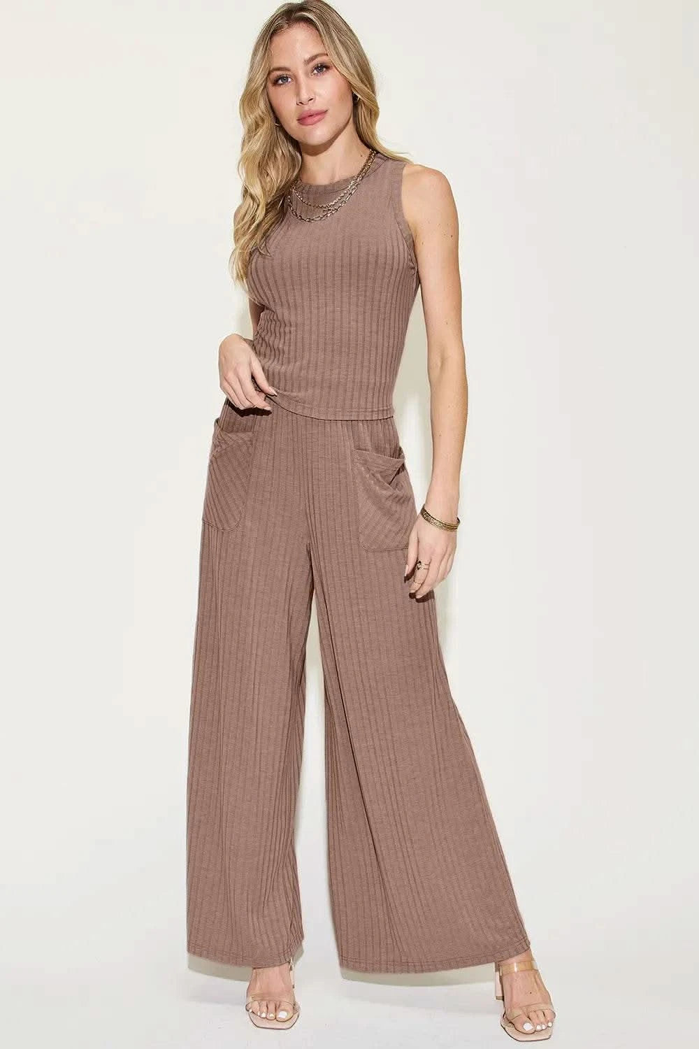 Basic Bae Full Size Ribbed Tank and Wide Leg Pants Set - M & M Global