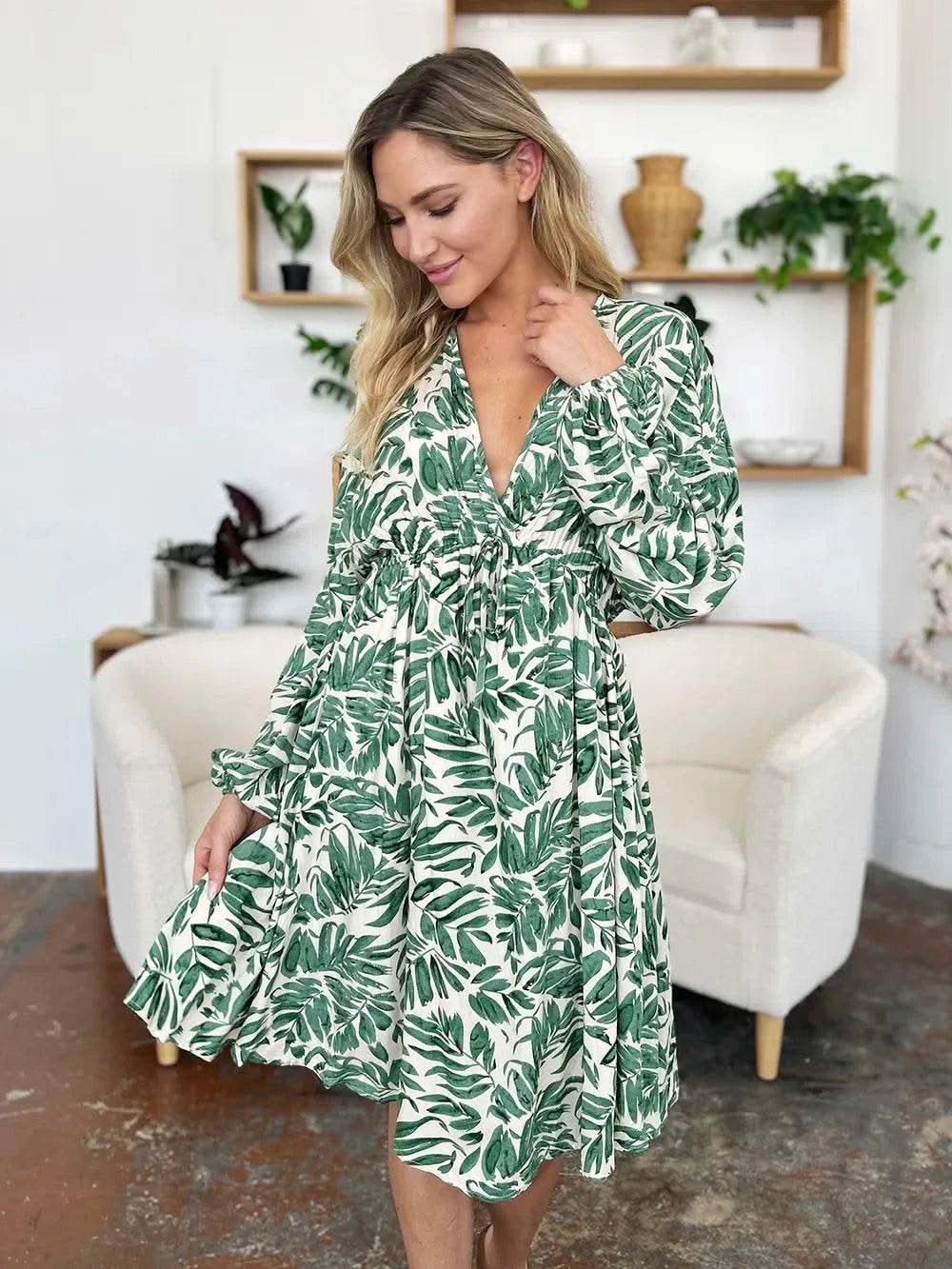 Double Take Full Size Printed Ruched Balloon Sleeve Dress - M & M Global