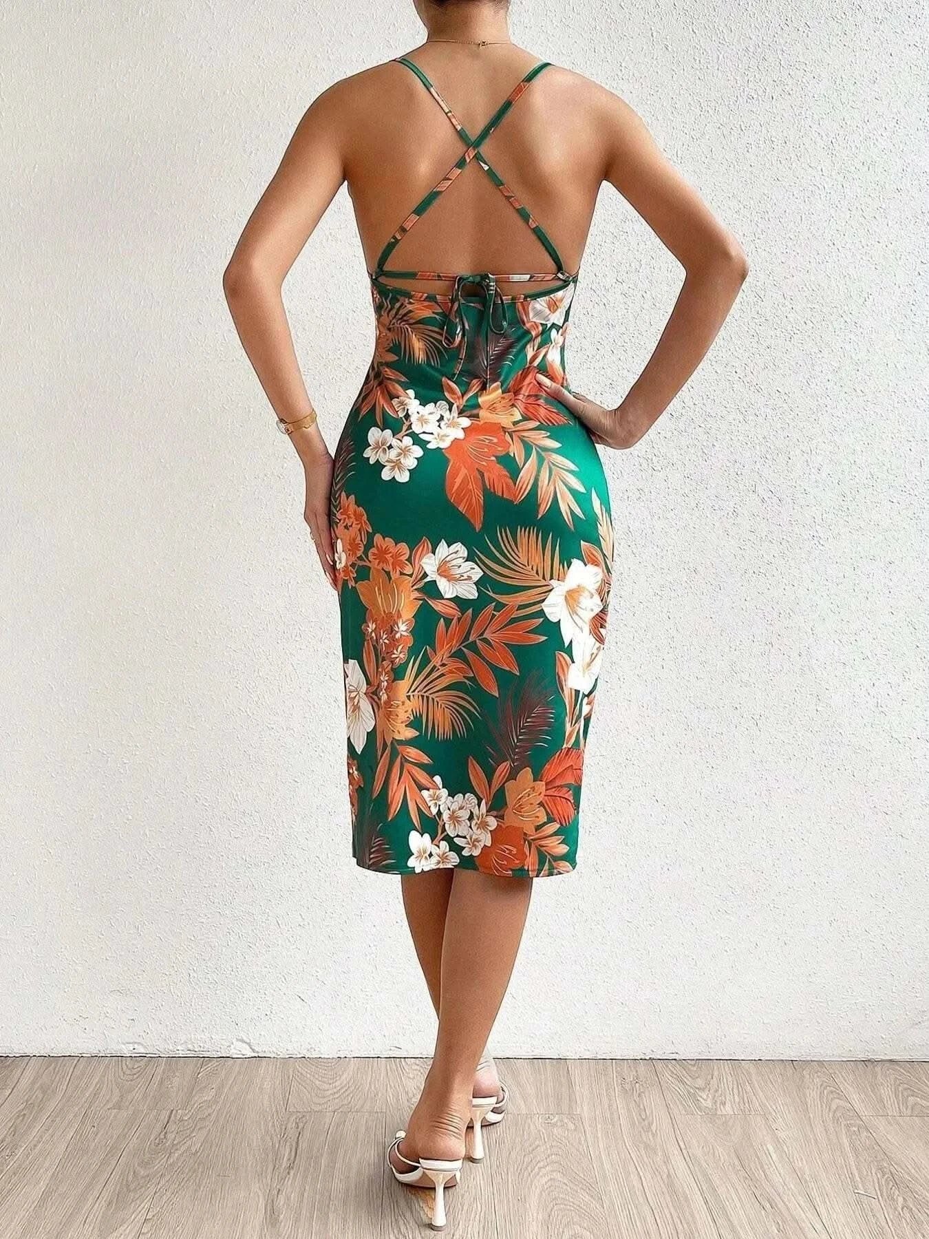 Crisscross Back Floral Print Bodycon Dress - M & M Global