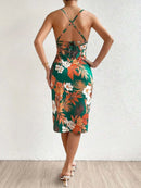 Crisscross Back Floral Print Bodycon Dress - M & M Global