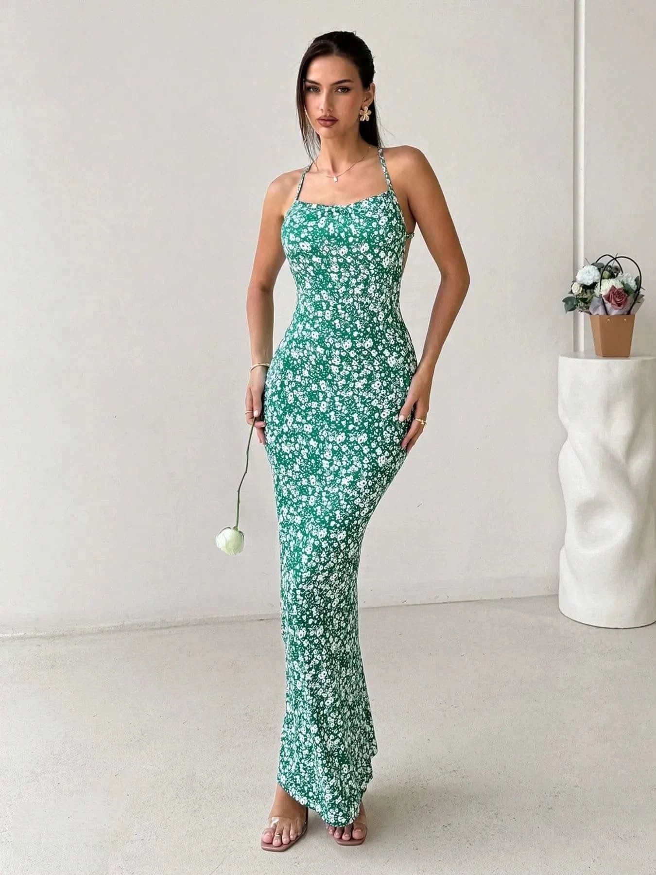 Crisscross Back Floral Print Bodycon Maxi Dress - M & M Global