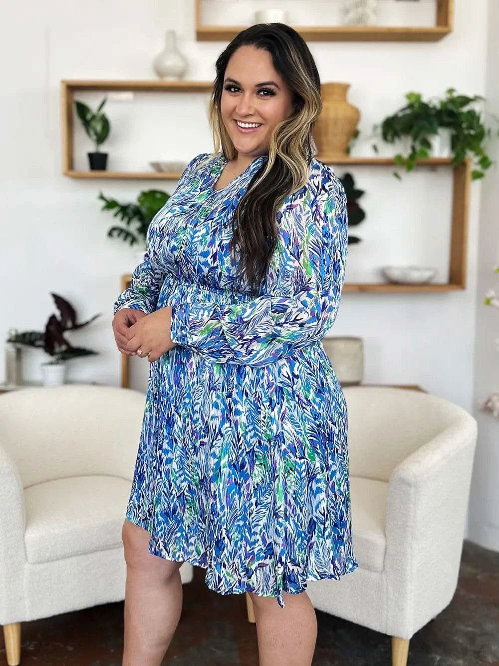 Double Take Full Size Printed Drawstring Waist Long Sleeve Dress - M & M Global