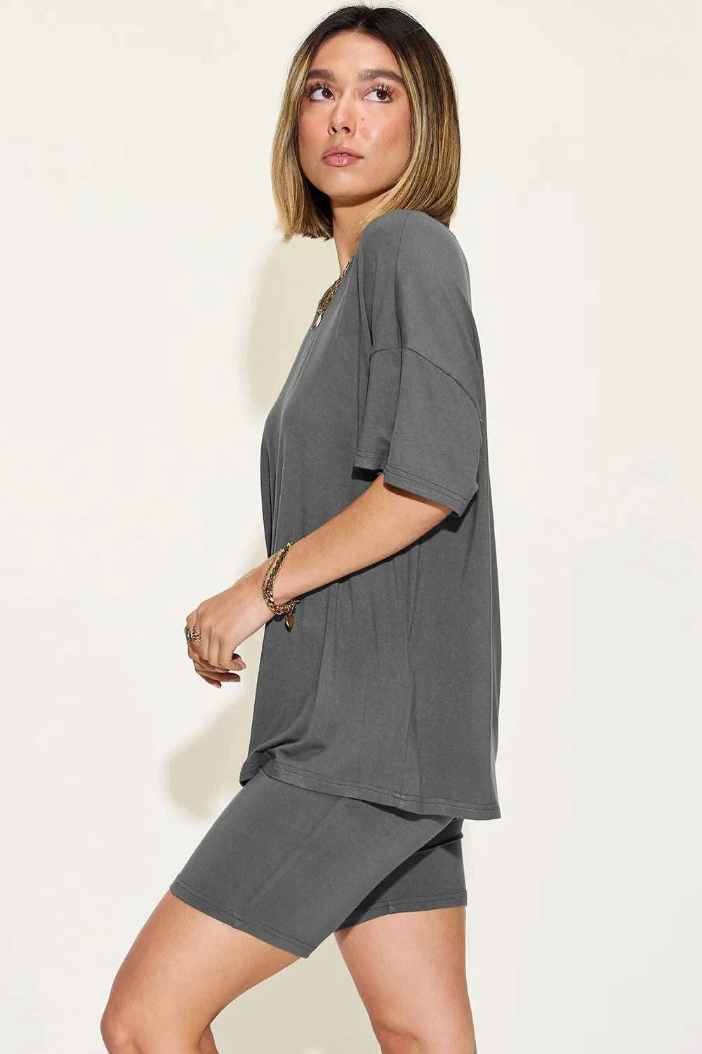 Basic Bae Full Size V-Neck Drop Shoulder T-Shirt and Shorts Set - M & M Global
