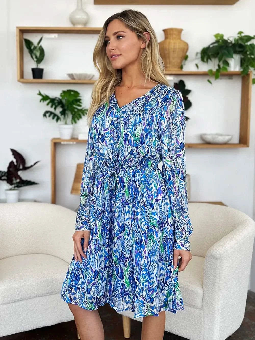 Double Take Full Size Printed Drawstring Waist Long Sleeve Dress - M & M Global