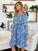 Double Take Full Size Printed Drawstring Waist Long Sleeve Dress - M & M Global