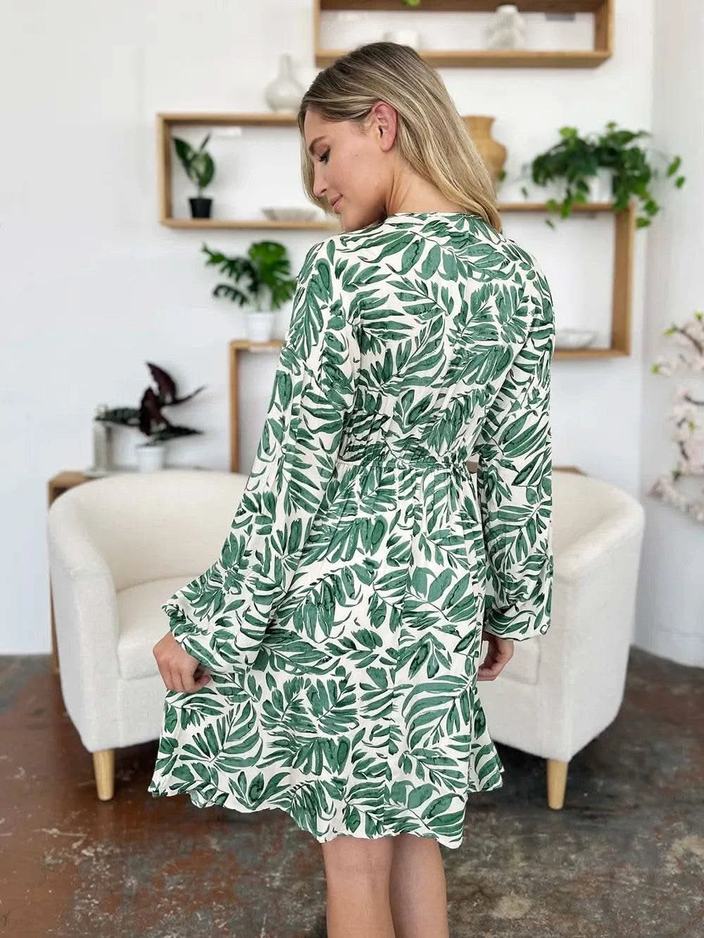 Double Take Full Size Printed Ruched Balloon Sleeve Dress - M & M Global