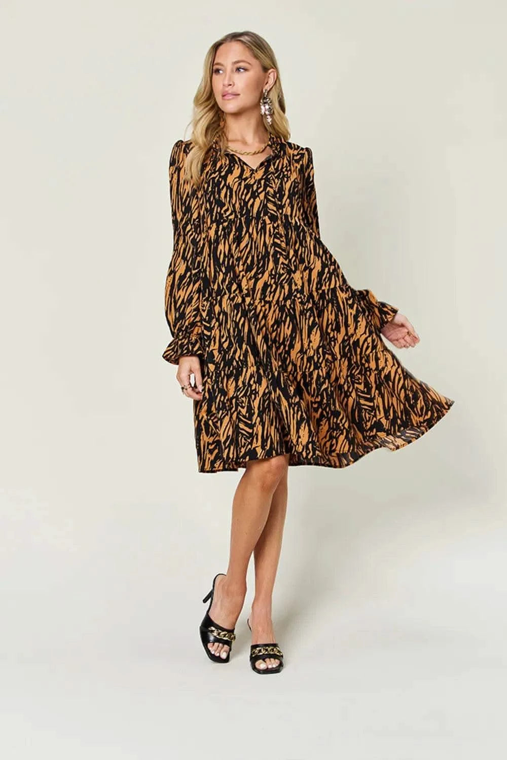 Double Take Full Size Printed Ruffle Hem Long Sleeve Dress - M & M Global