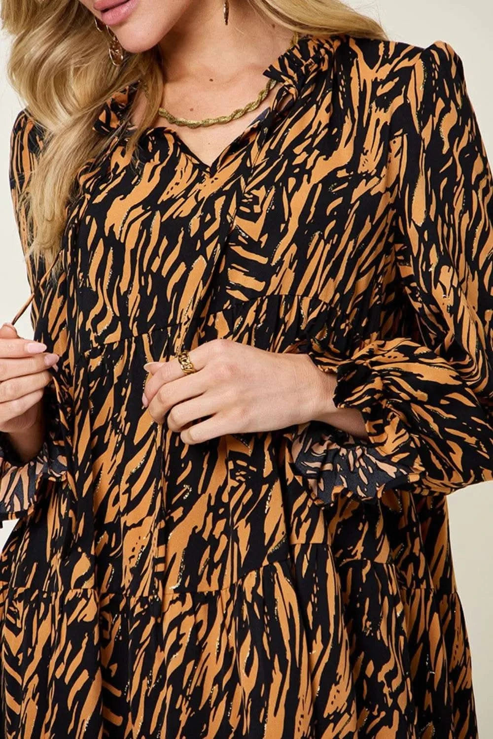 Double Take Full Size Printed Ruffle Hem Long Sleeve Dress - M & M Global