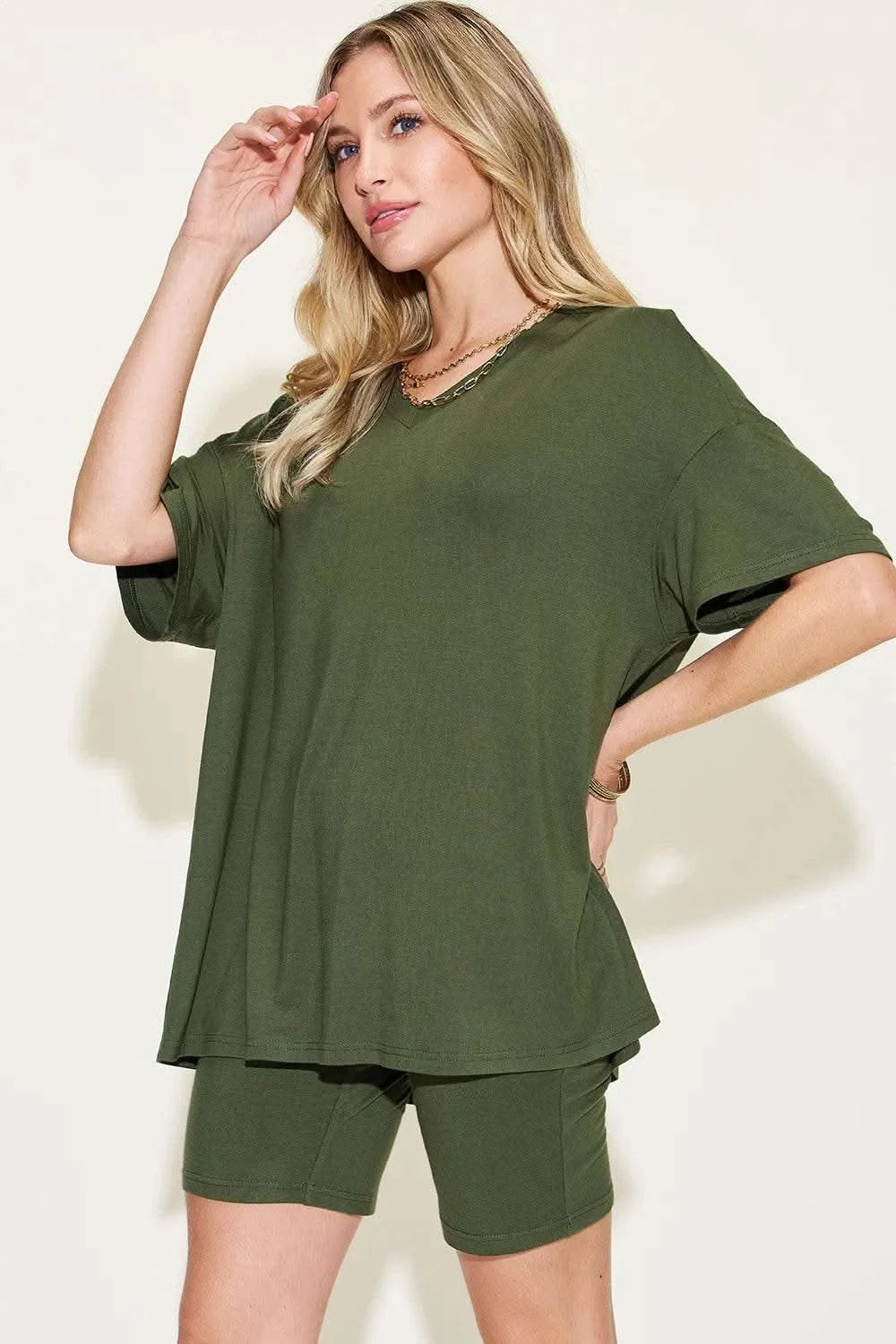 Basic Bae Full Size V-Neck Drop Shoulder T-Shirt and Shorts Set - M & M Global