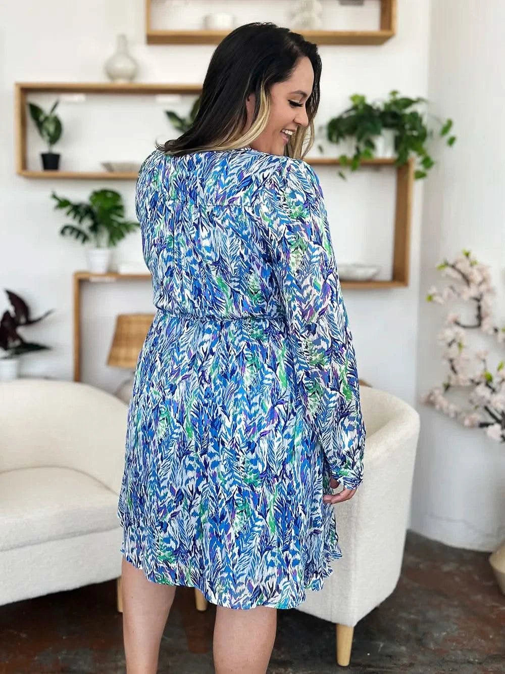 Double Take Full Size Printed Drawstring Waist Long Sleeve Dress - M & M Global