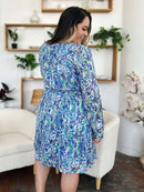Double Take Full Size Printed Drawstring Waist Long Sleeve Dress - M & M Global