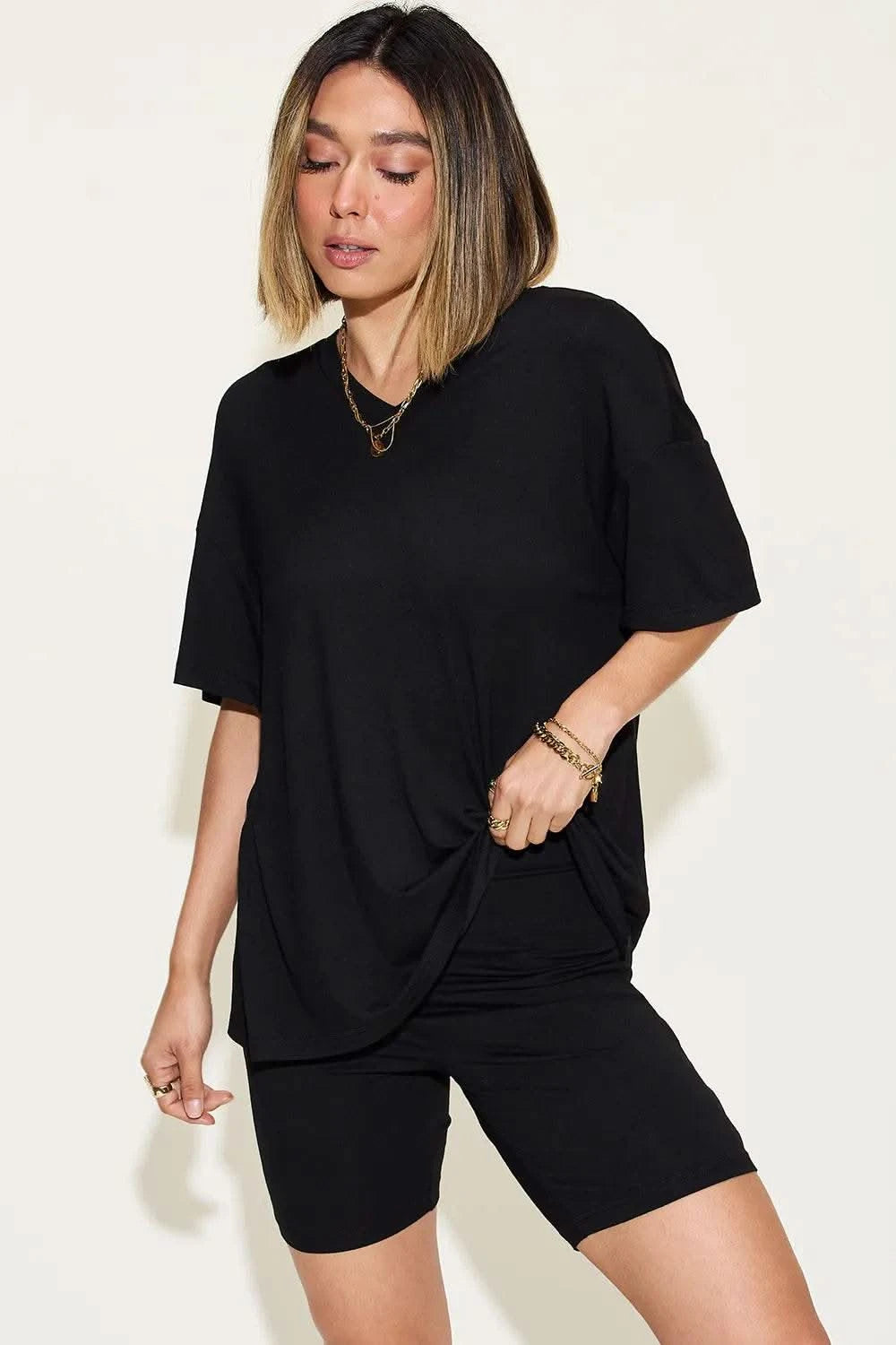 Basic Bae Full Size V-Neck Drop Shoulder T-Shirt and Shorts Set - M & M Global