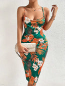 Crisscross Back Floral Print Bodycon Dress - M & M Global