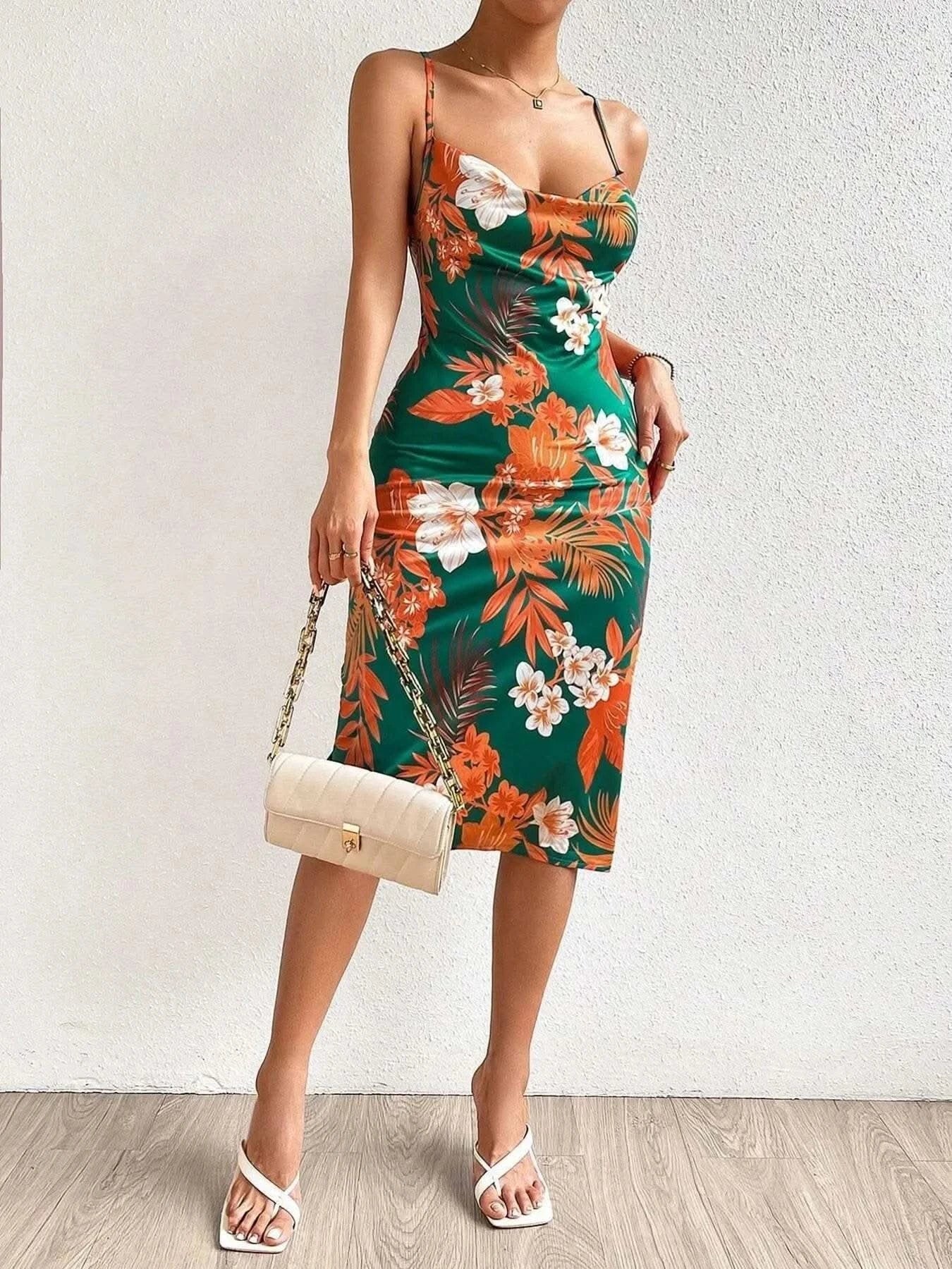 Crisscross Back Floral Print Bodycon Dress - M & M Global